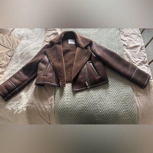 Zara Dark Brown Faux Shearling Motorcycle Jacket Size Large